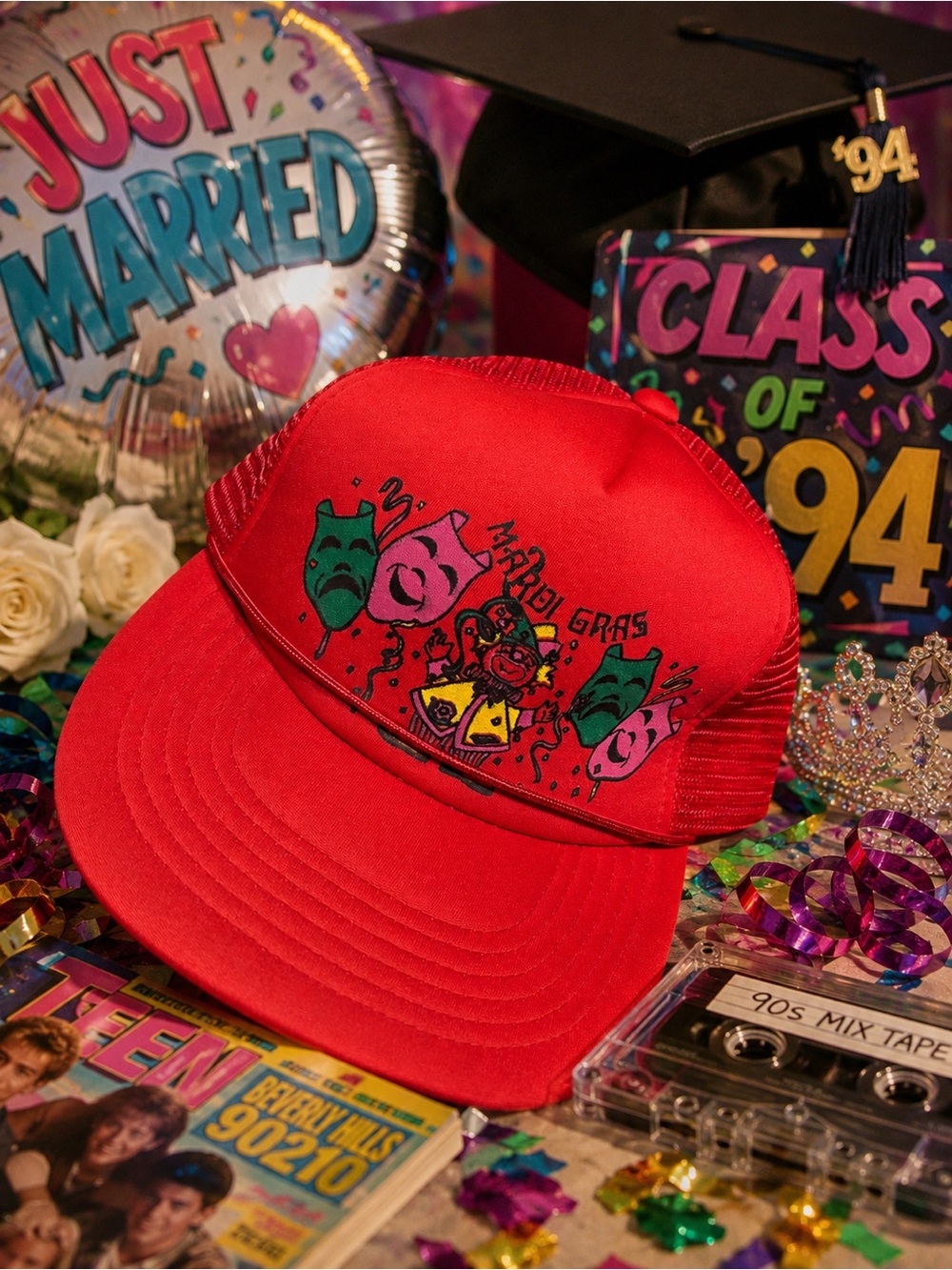 Red Mardi Gras Trucker Hat with Mask Graphic